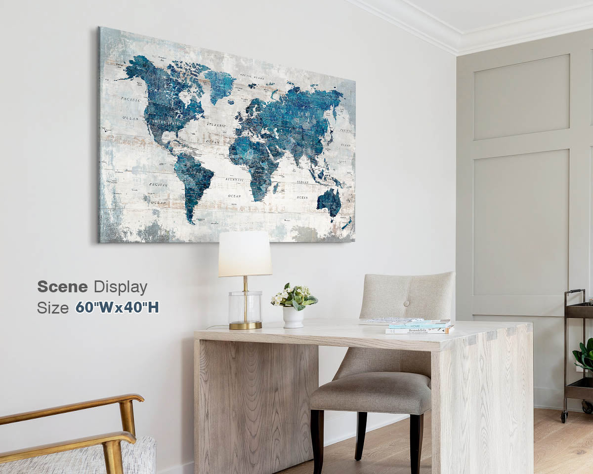 Office Wall Art World Map Assembly Frame in Blue