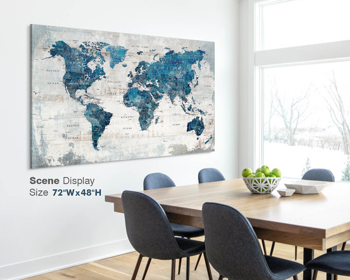 Office Wall Art World Map Assembly Frame in Blue