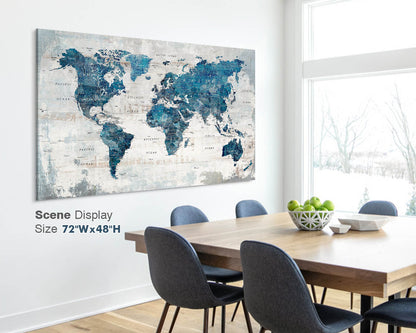 Office Wall Art World Map Assembly Frame in Blue