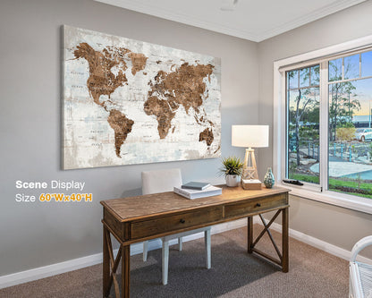 Office Wall Art World Map Assembly Frame in Brown