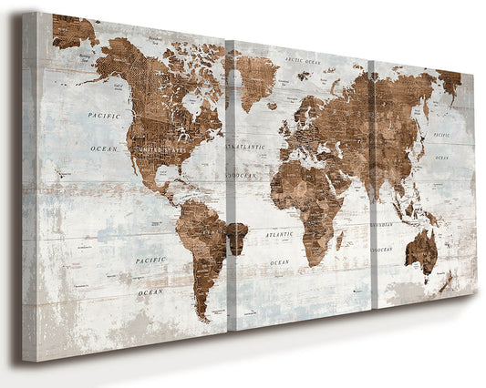 Canvas Wall Art World Map Office Artwork in Brown 3 Pcs