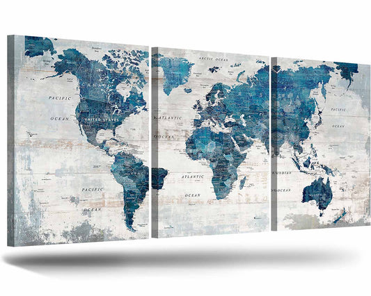Canvas Wall Art World Map Office Artwork in Blue 3 Pcs