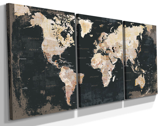 Canvas Wall Art World Map Office Artwork in Black 3 Pcs