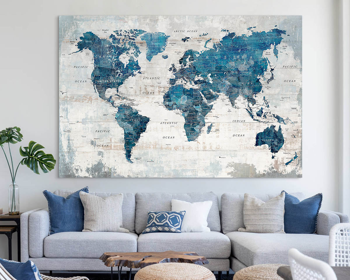 Office Wall Art World Map Assembly Frame in Blue