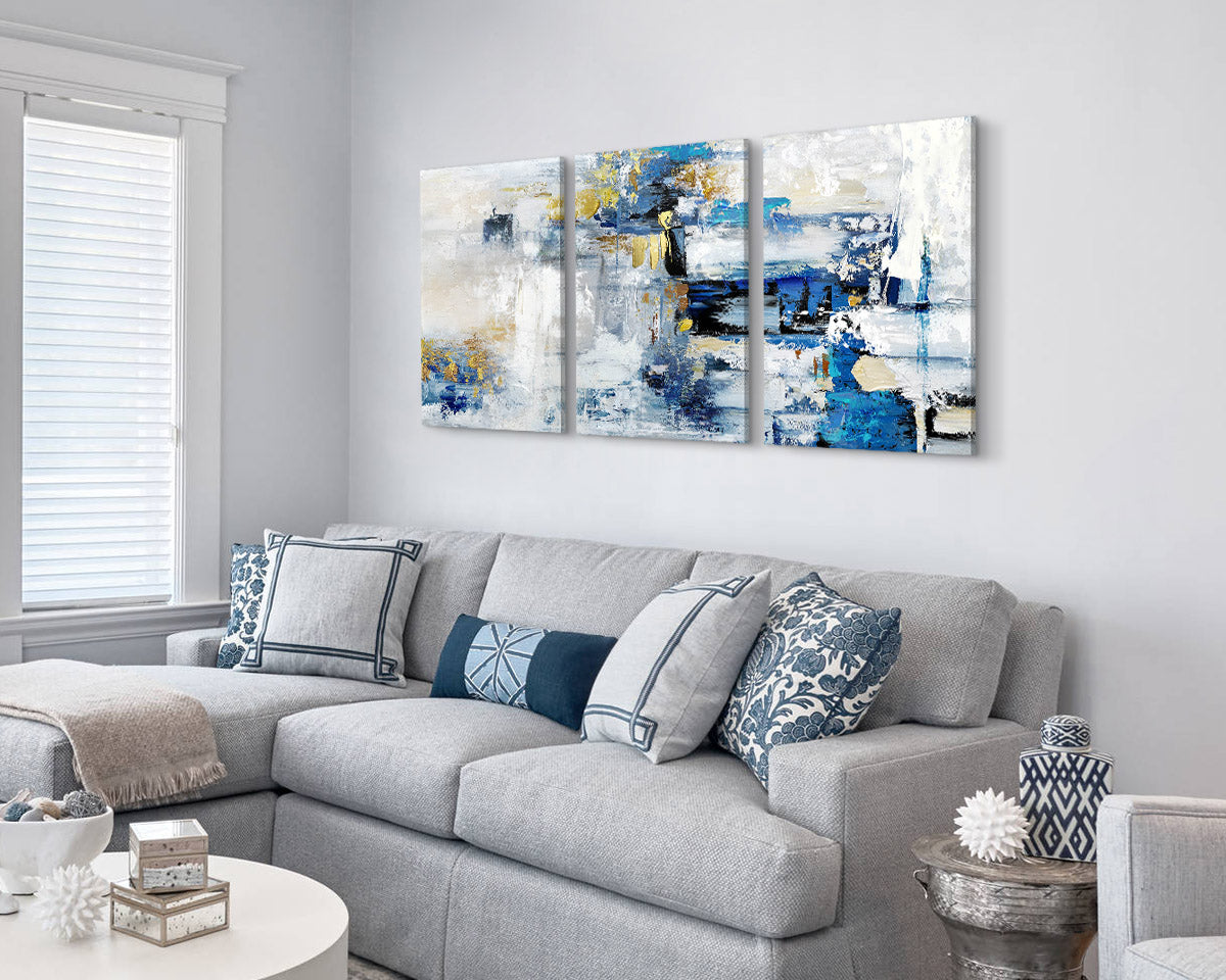 Wall Decor for Living Room Blue Gold Office Wall Art Canvas Abstract Pictures 3 Pcs