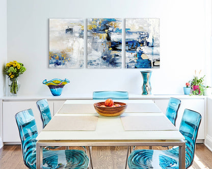 Wall Decor for Living Room Blue Gold Office Wall Art Canvas Abstract Pictures 3 Pcs