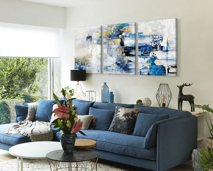 Wall Decor for Living Room Blue Gold Office Wall Art Canvas Abstract Pictures 3 Pcs