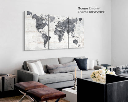 Canvas Wall Art World Map Office Artwork in Grey 3 Pcs