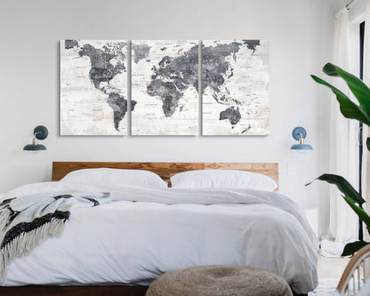 Canvas Wall Art World Map Office Artwork in Grey 3 Pcs