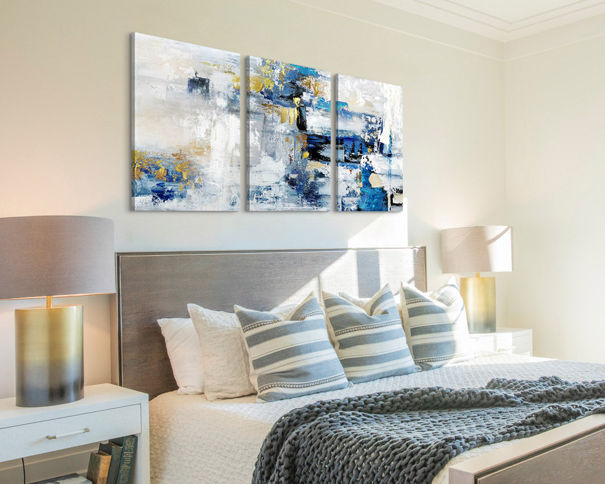 Wall Decor for Living Room Blue Gold Office Wall Art Canvas Abstract Pictures 3 Pcs