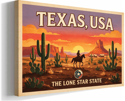 Texas USA Wall Art Poster, Vintage Western Cowboy Desert Landscape Print, 36x24in