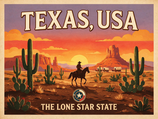 Texas USA Wall Art Poster, Vintage Western Cowboy Desert Landscape Print, 36x24in