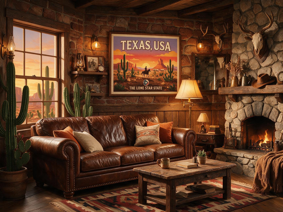 Texas USA Wall Art Poster, Vintage Western Cowboy Desert Landscape Print, 36x24in