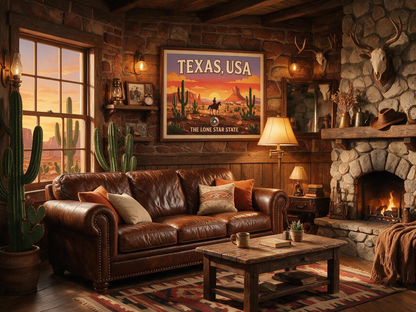 Texas USA Wall Art Poster, Vintage Western Cowboy Desert Landscape Print, 36x24in