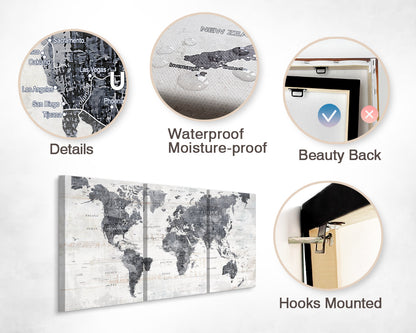 Canvas Wall Art World Map Office Artwork in Grey 3 Pcs