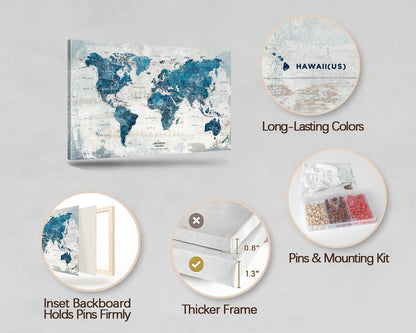 Push Pin World Map Canvas Wall Art Vintage Blue Travel Map with Pins 150pcs Stretched Framed