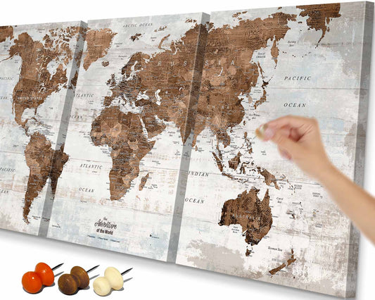 Travel Map with Pins 3 Piece Vintage Brown World Map Pin Board