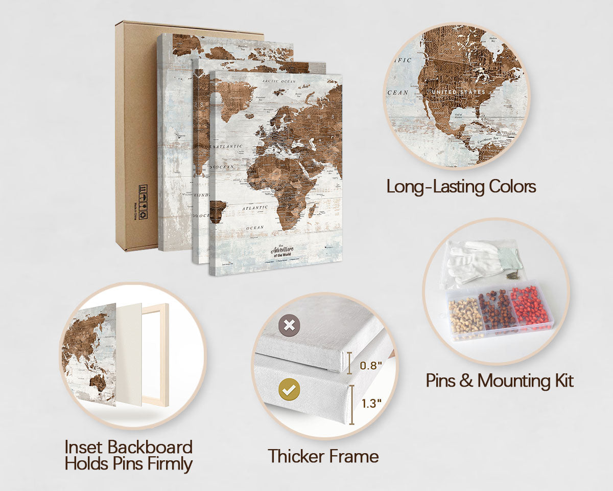 Travel Map with Pins 3 Piece Vintage Brown World Map Pin Board