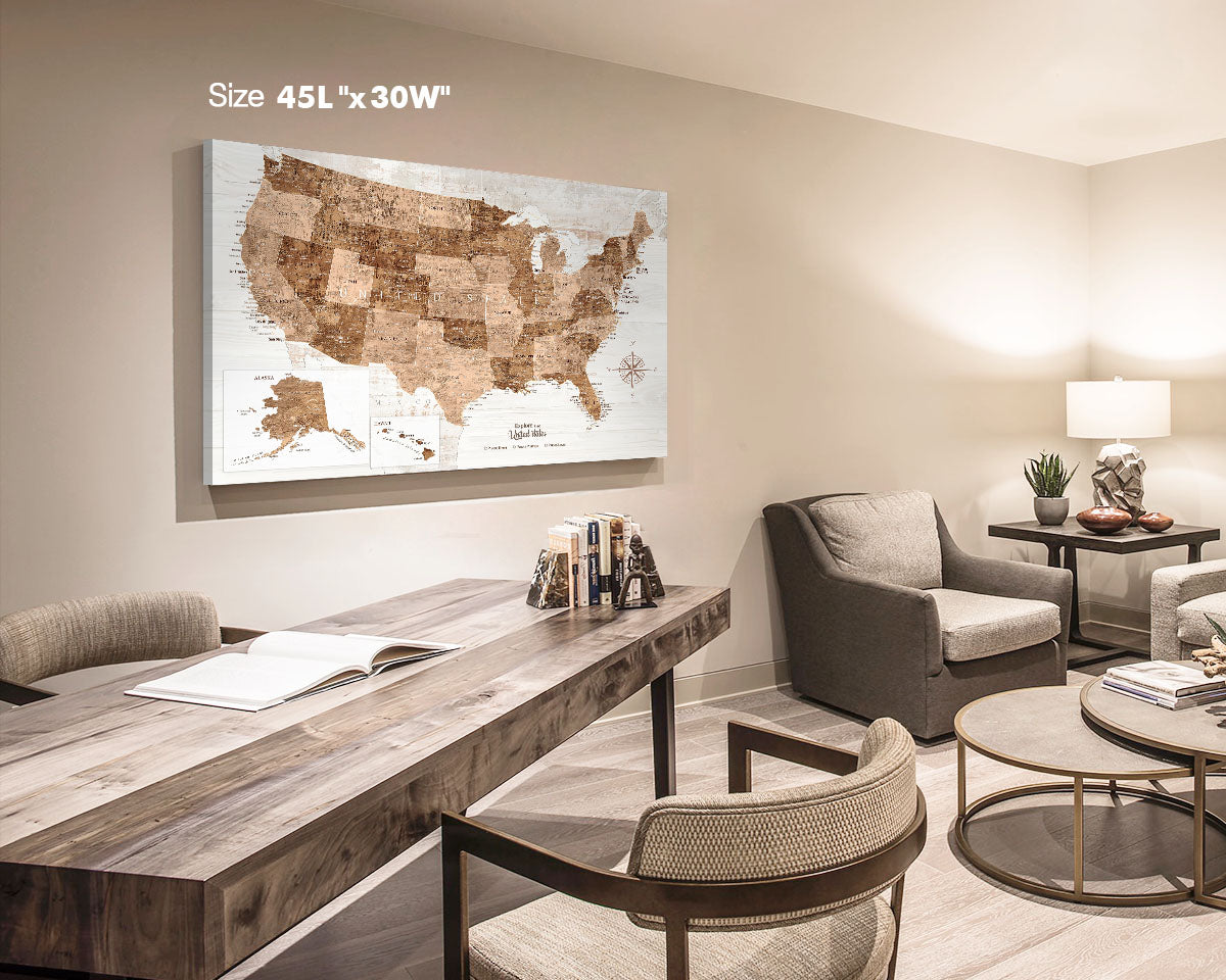 US Travel Map with Pins to Mark Places Visited Vintage Brown