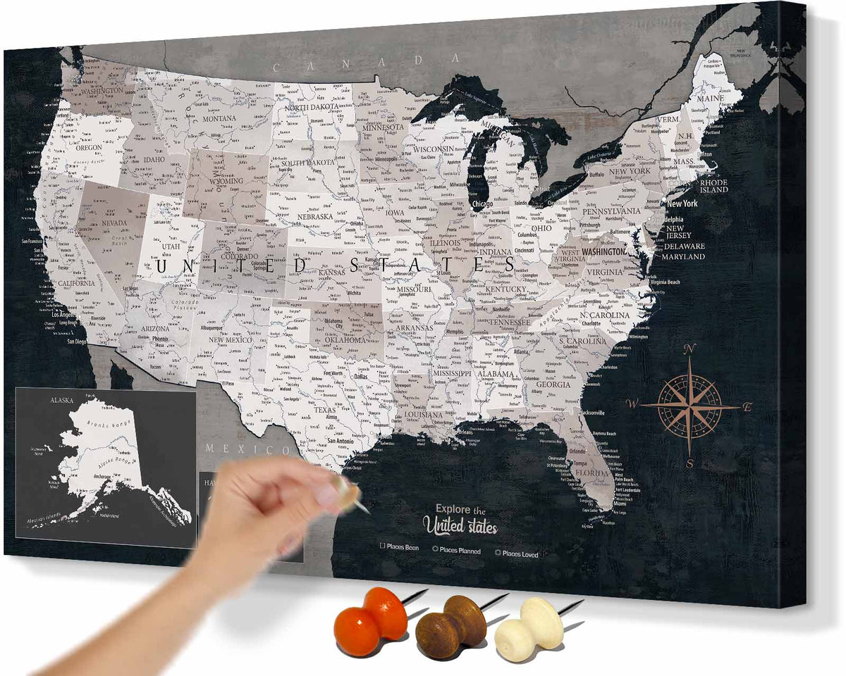 Map of the USA for Wall Canvas US Map Pin Board Obsidian Blue