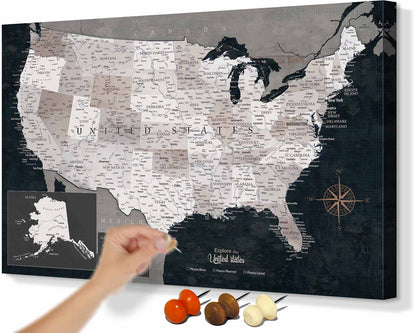 Map of the USA for Wall Canvas US Map Pin Board Obsidian Blue