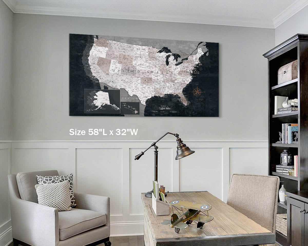 Map of the USA for Wall Canvas US Map Pin Board Obsidian Blue