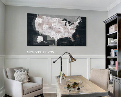 Map of the USA for Wall Canvas US Map Pin Board Obsidian Blue
