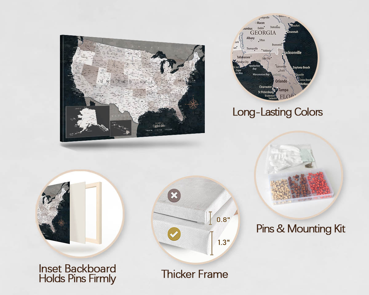 Map of the USA for Wall Canvas US Map Pin Board Obsidian Blue